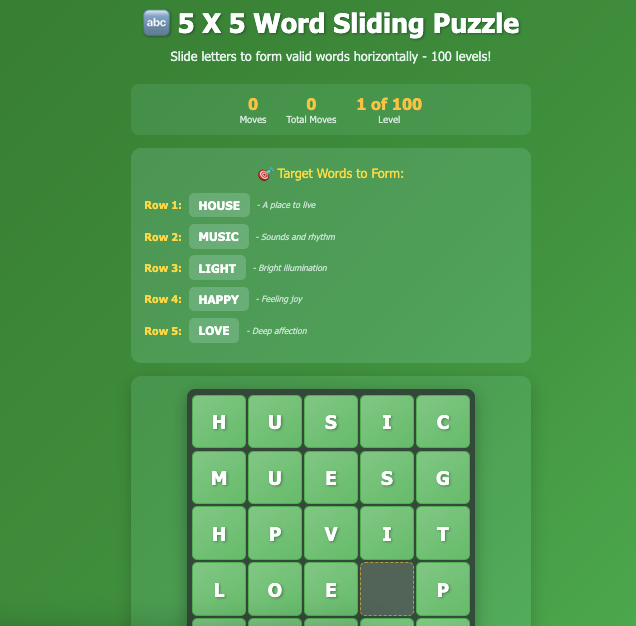 5 X 5 Word Sliding Puzzle